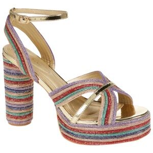 NEW NEVER WORN Gold Multi-Color Beaded Platform Sandal